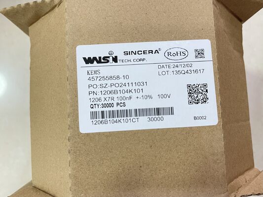 1206B104K101CT   MLCC 1206 caso X7R dielétrico 0.1μF ± 10% 100V nominal ESR baixa largura -55°C a +125°C gama perfeita para desacoplamento e filtragem de potência