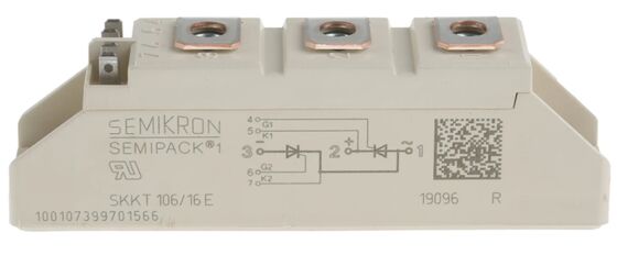 SKKT106/16E 1600V 106A Módulo de tiristor duplo Baixo VF 1.35V 2.4kA Surge AlN Contatos de pressão de base cerâmica SEMIPACK1 ISOLADO UL Certificado para arranque e acionamentos suaves