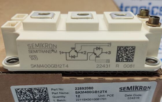 SKM400GB12T4 1200V 400A Módulo IGBT Duplo TRENCHSTOPTM IGBT4 VCE baixo (sat) 1.75V 10μs SC Capacidade CAL Diodo Perdas de comutação baixas SEMITRANS3 UL Certificado para unidades de alta potência